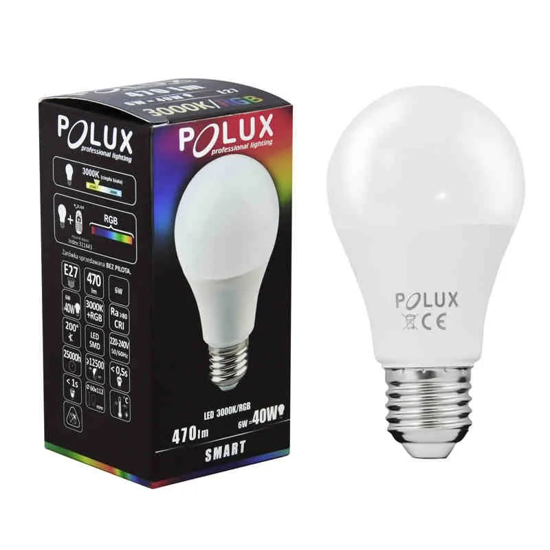 Gwint-trzonek-e27 - kolorowa żarówka na pilota rgb +3000k e27 6w polux smart firmy POLUX GOLDLUX 