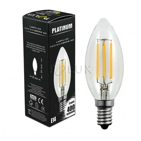 Gwint-trzonek-e14 - żarówka led e14 świeczka o mocy 4w ciepłe światło 3000k z filamentami 305107 polux 