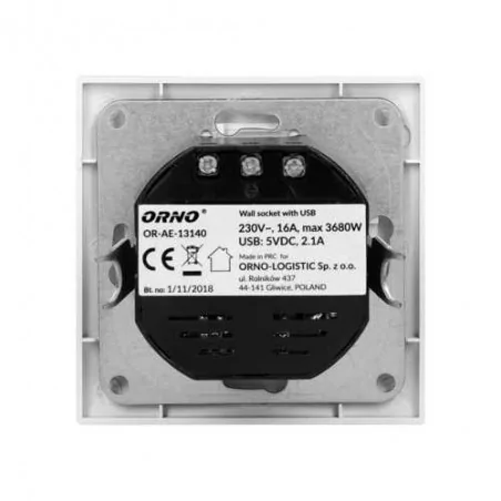 Gniazda-pojedyncze-podtynkowe - gniazdo pojedyncze z/u z dwoma wejściami usb białe or-ae-13140 orno 