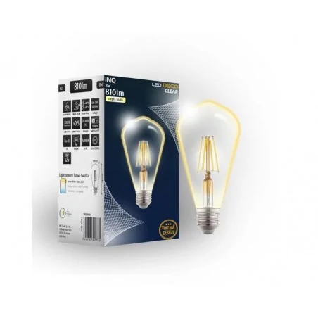 Gwint-trzonek-e27 - żarówka led wydłużona st64 filament przezroczysta e27 8w 3000k ds030ww inq 