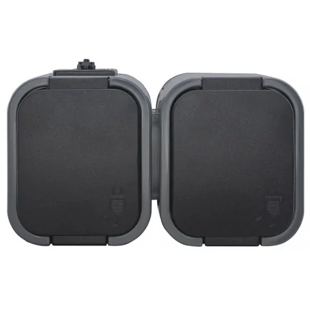 Gniazda-podwojne-natynkowe - gniazdo bryzgoszczelne pojedyncze z klapką+włącznik jednobiegunowy ip54 szaro-czarny b2 gwn-b2 abex 