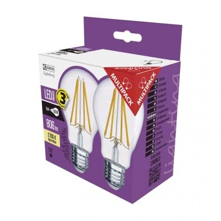 Gwint-trzonek-e27 - komplet dwupak żarówka e27 2szt. filament 6w-60w ciepła biel 3 lata emos 