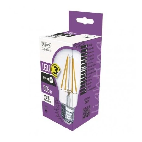 Gwint-trzonek-e27 - żarówka led filament a60 6w-60w e27 neutralna 806lm 3 lata gwarancji emos z74261 