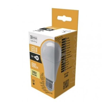 Gwint-trzonek-e27 - żarówka led mleczna a60 7,5w-51w e27 ciepła biel 660lm emos zl4005 