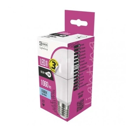 Gwint-trzonek-e27 - żarówka led mleczna a60 10,7w-75w e27 zimna 6500k 1060lm 3 lata emos zq5152 