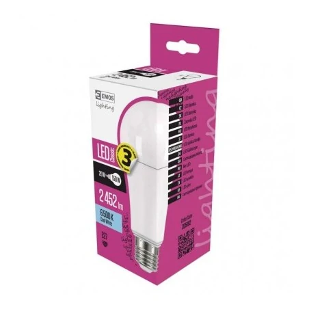 Gwint-trzonek-e27 - żarówka led mocna mleczna a67 18,1w-150w e27 zimna biel 2452lm 3 lata emos zq5182 