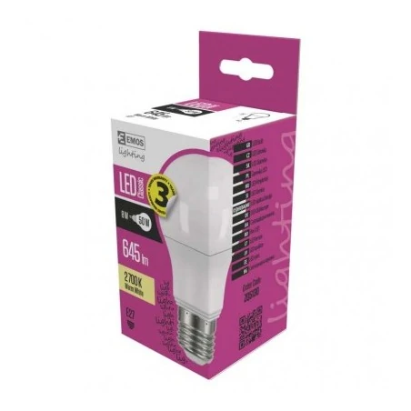 Gwint-trzonek-e27 - żarówka led z gwintem e27 a60 7,3w-50w 645lm ciepła biel 3 lata emos zq5130 