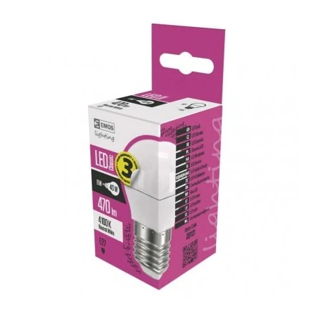 Gwint-trzonek-e27 - zq1121 żarówka led kulka z gwintem e27 5w-40w neutralna 4000k 470lm 3 lata gwarancji emos zq1121 
