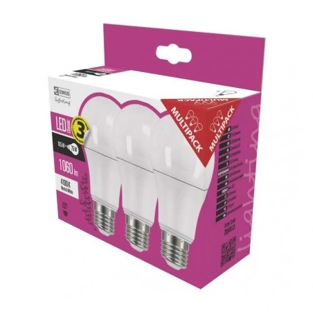 Gwint-trzonek-e27 - komplet 3 żarówek led a60 10,7w-75w e27 neutralna 1060lm 3lata emos zq5151.3 