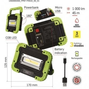 Naswietlacze-led - naświetlacz ładowalny z powerbank led 10w cob, 1000lm 4400 mah emos 1450000300 