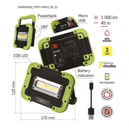 Naswietlacze-led - naświetlacz ładowalny z powerbank led 10w cob 1000lm 4400mah p4533 emos 1450000300 