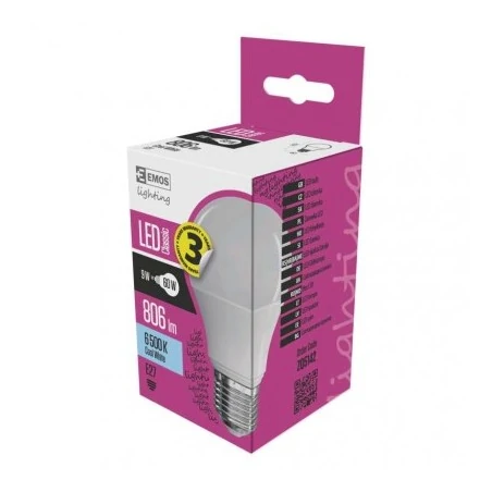 Gwint-trzonek-e27 - żarówka led mleczna a60 8,5w-60w e27 zimna biel 806lm 3 lata emos zq5142 
