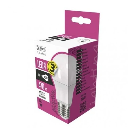 Gwint-trzonek-e27 - żarówka led mleczna 5.2w-40w e27 neutralna 470lm 3 lata emos zq5121 