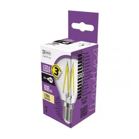 Gwint-trzonek-e14 - żarówka led filament mini globe 6w-60w e14 ciepła 806lm 3 lata gw.emos z74237 
