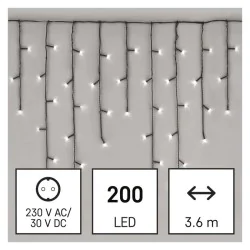 Dekoracje-swiateczne-led - oświetlenie wiszące - sople 3,6m, 200xled, zimna biel, 8 programów, ip44, d4cc01 emos 