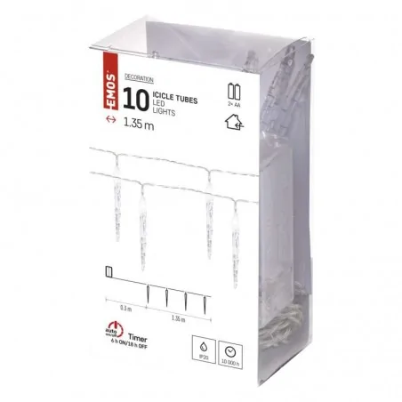 Oswietlenie-choinkowe - girlanda - sople lodu 10xled, 10cm - 1,35m, 2xaa zimna biel, ip20, timer dcgc01 emos 