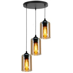 BISTRO LAMPA WISZĄCA CZARNY TALERZ 3X40W E27 KLOSZ BRĄZOWY