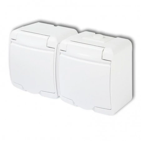 Gniazda-elektryczne - białe gniazdo podwójne z białą klapką i przesłonami hermetyczne natynkowe ghe-2p junior karlik 