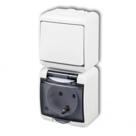 Wylaczniki-jednobiegunowe - włącznik światła natynkowy z gniazdem schuko z klapką dymną i przesłonami ip54 wghp-1sdp junior karlik 