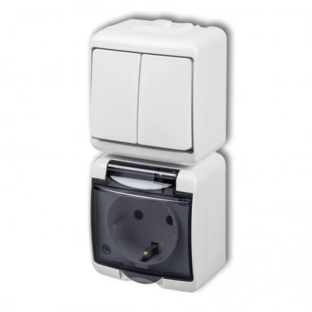 Gniazda-elektryczne - włącznik podwójny natynkowy z gniazdem schuko i przesłonami wghp-2sdp junior karlik 