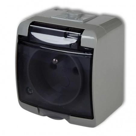 Gniazda-elektryczne - szare natynkowe gniazdo z uziemieniem klapką i przesłonami 10ghe-1dp junior karlik 