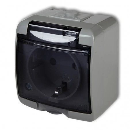 Gniazda-elektryczne - szare natynkowe gniazdo schuko z klapką dymną i przesłonami 10ghe-1sdp junior karlik 