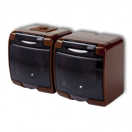 Gniazda-elektryczne - brązowe gniazdo podwójne schuko z klapką dymną natynkowe 4ghe-2sd junior karlik 