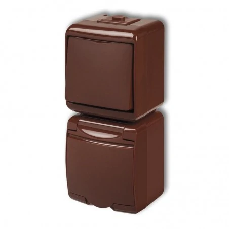 Gniazda-pojedyncze-natynkowe - brązowy włącznik  z gniazdem hermetycznym i przesłonami pion 4wghp-1p junior karlik 