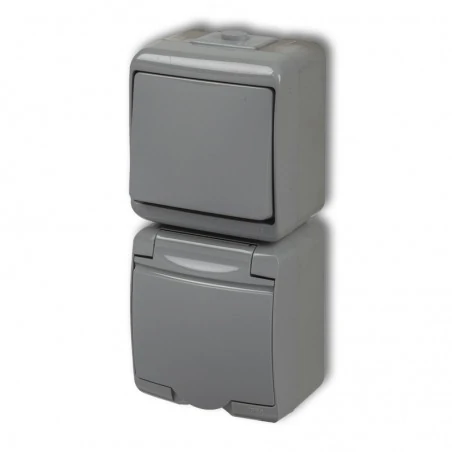 Gniazda-pojedyncze-natynkowe - szary włącznik światła  z gniazdem i przesłonami pion 10wghp-1p junior karlik 