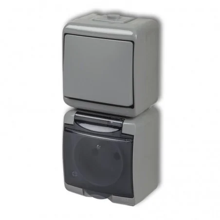 Gniazda-pojedyncze-natynkowe - szary włącznik światła  z gniazdem hermetycznym  dymna klapka pion 10wghp-1d junior karlik 