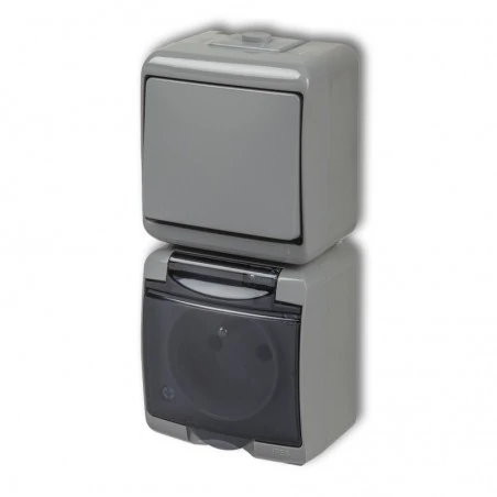 Gniazda-pojedyncze-natynkowe - szary włącznik pojedynczy  z gniazdem z przesłonami  dymna klapka pion 10wghp-1dp junior karlik 