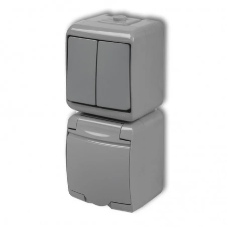Gniazda-elektryczne - popielaty włącznik podwójny z gniazdem hermetycznym w pionie 10wghp-2p junior karlik 