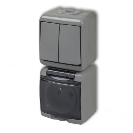 Gniazda-elektryczne - popielaty włącznik podwójny z gniazdem z klapką transparentną w pionie 10wghp-2d junior karlik 