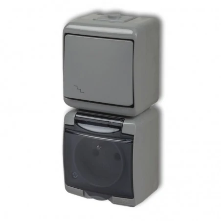 Wylaczniki-schodowe - szary włącznik schodowy natynkowy z gniazdem klapka dymna 10wghp-3dp junior karlik 