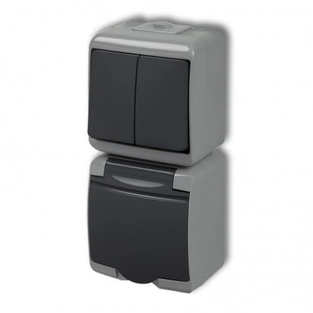 Gniazda-pojedyncze-natynkowe - grafitowo- szary włącznik świecznikowy  z gniazdem z klapką ip54 pion 30wghp-2p junior karlik 