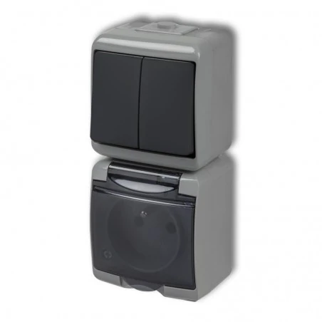 Gniazda-pojedyncze-natynkowe - grafitowo- szary włącznik podwójny  z gniazdem i przesłonami ip54 pion 30wghp-2dp junior karlik 