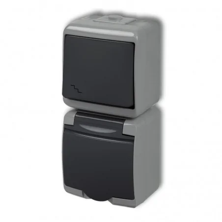 Gniazda-pojedyncze-natynkowe - grafitowo- szary włącznik schodowy  z gniazdem hermetycznym pion 30wghp-3 junior karlik 