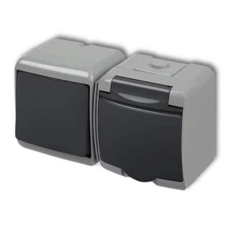 Gniazda-pojedyncze-natynkowe - grafitowo- szary włącznik światła  z gniazdem z przesłonami i klapką poziom 30wghh-1p junior karlik 