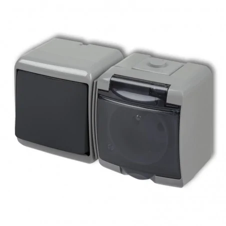 Gniazda-pojedyncze-natynkowe - grafitowo- szary włącznik światła  z gniazdem z klapką dymną poziom 30wghh-1d junior karlik 