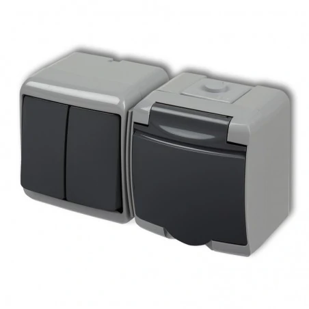 Gniazda-pojedyncze-natynkowe - grafitowo- szary włącznik światła podwójny  z gniazdem z przesłonami ip54 pion 30wghh-2p junior karlik 