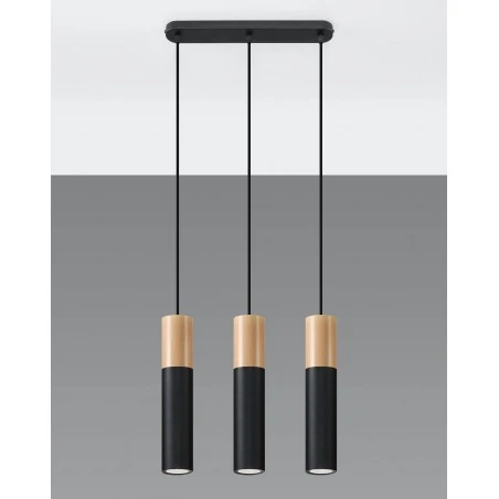 Lampy-sufitowe - lampa wisząca potrójna 3 tuby czarne z drewnem pablo 3l sl.0634 sollux 