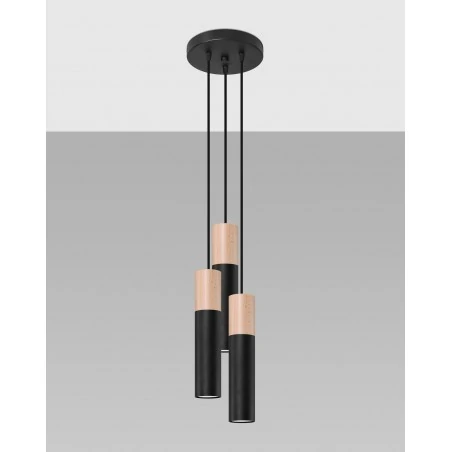 Lampy-sufitowe - sl.1014 lampa wisząca potrójna tuby czarne z drewnianym paskiem gu10 pablo 3p sollux 