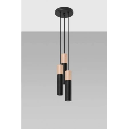 Lampy-sufitowe - sl.1014 lampa wisząca potrójna tuby czarne z drewnianym paskiem gu10 pablo 3p sollux 