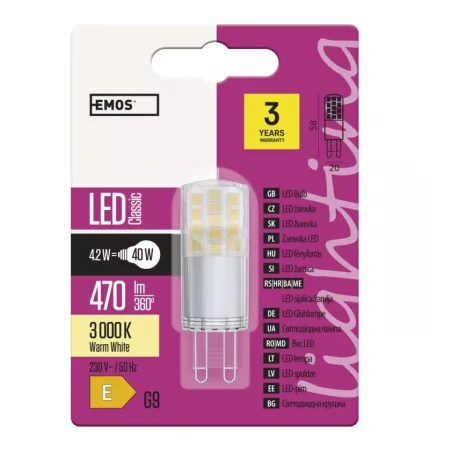 Gwint-trzonek-g9 - żarówka ledowa g9 4,2w-40w 3000k 470lm classic jc zq9542  emos 