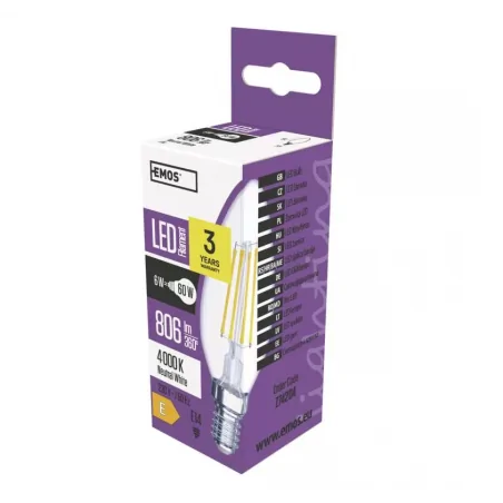 Gwint-trzonek-e14 - żarówka świeczka b35 led filament 6w-60w e14 neutralna 806lm emos z74204 