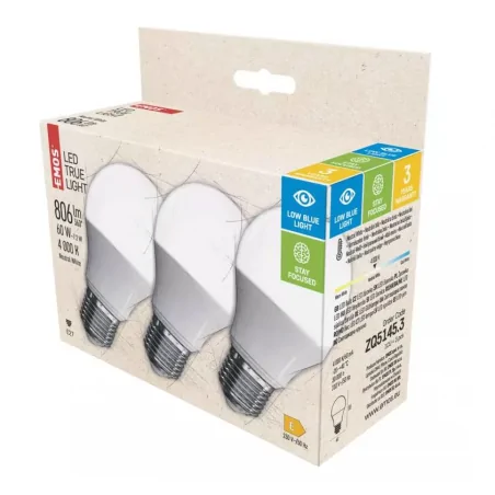 Gwint-trzonek-e27 - zestaw 3 żarówek niemęczących oczu led true low blue light e27 a60 7,2w neutralna 806lm zq5145 emos 