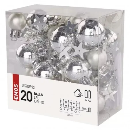 Oswietlenie-choinkowe - łańcuch choinkowy led w kolorze srebrnym kule gwiazdki z ciepłym światłem dcgw10 emos 