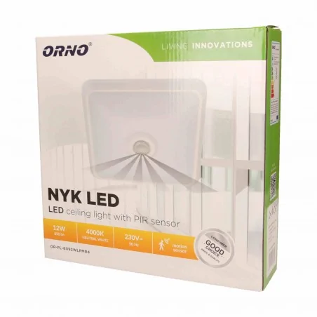 Plafony - plafon biały z czujnikiem ruchu led 12w 850lm ip20 4000k nyk or-pl-6092wlpmr4 orno 