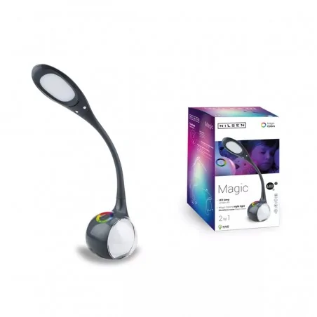 Lampki-biurkowe - szara nowoczesna lampka biurkowa z rgb w podstawie us012e magic 2w1 neutralna 7w nilsen inq 