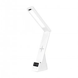 Lampki-biurkowe - biała lampka biurkowa led z ładowarką indukcyjną zegarem i budzikiem usb neo 0nilsen ma020e